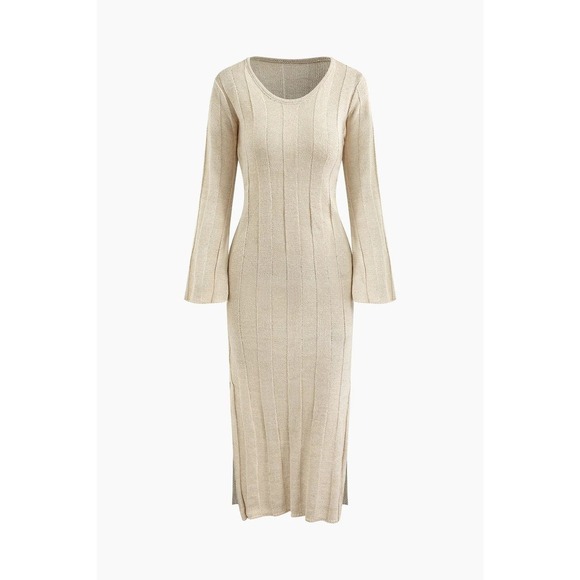 Micas Dresses & Skirts - Maxi Dress Bodycon V-Neck Bell Sleeve Ribbed Knit Side Slits  Beige Size 4